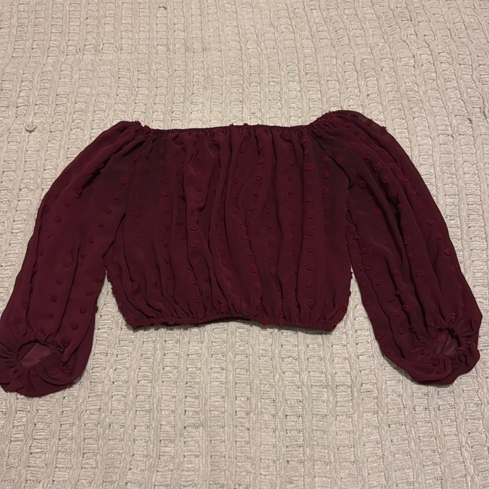 Hyfve Burgundy Clip Dot Off the Shoulder Bubble Hem Blouse